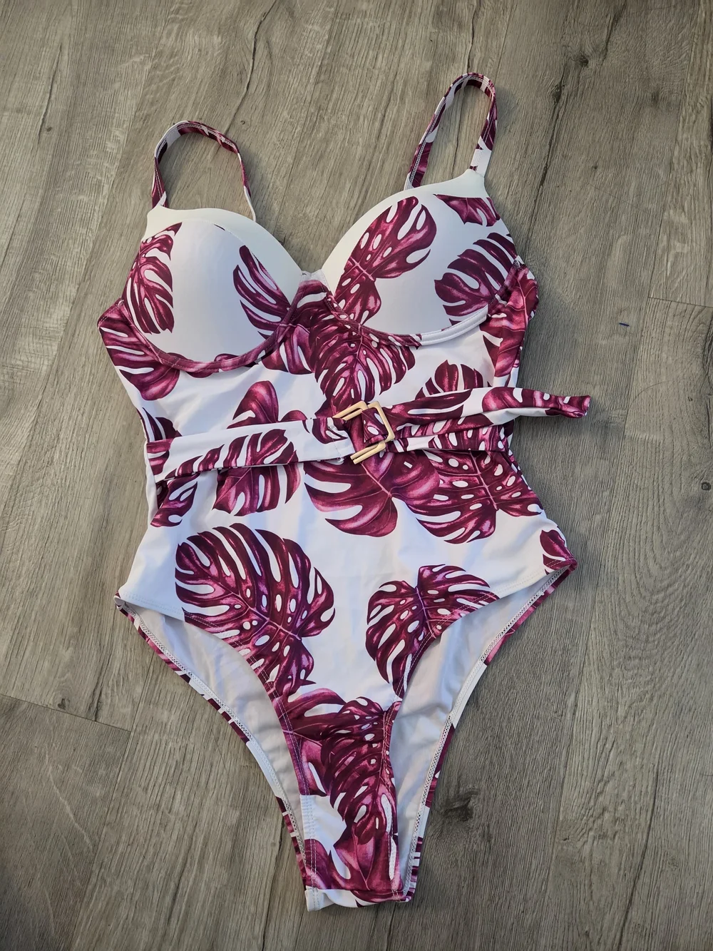 Girls' White One-Piece Swimsuit with Pink Leaf Print
